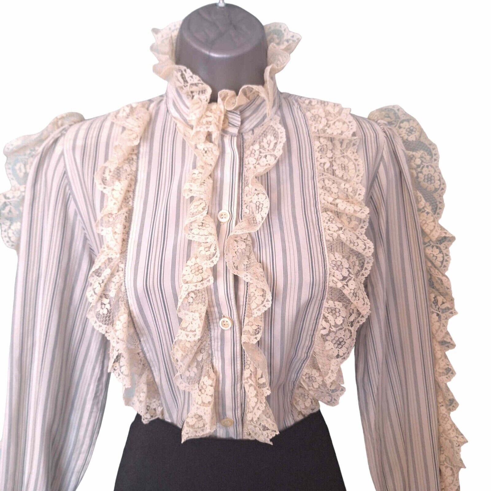 Neo Victorian Lace Blouse Cream Blue Pinstriped S/M