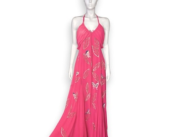 Patric Casey Pink Silk Chiffon Gown Maxi Dress, Sequinned Butterfly Embellished Backless Halterneck, (S) - VFG Member