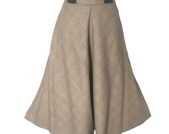 BACCARAT 1970s Vintage Midi Skirt, Beige Brown Checked Wool Flared Centre-Pleat Lined, Size 12 *Fits UK 8 VFG