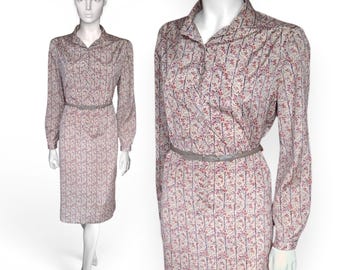1980s Pierre Balmain Paris Beige Dress, Purple Botanical Print Collar Belted (UK 12-14) - VFG Member