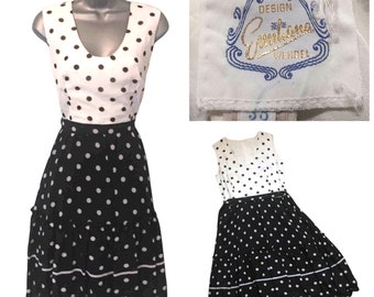 EMILIANA WENDEL Vintage 70s Dress, Black Ivory Polka Dot Tie-Back Sleeveless A-Line Flared, Size 38 S UK 8/10