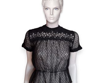 1940s Black Lace Peplum Blouse by Peter Robinson, Peter Pan Collar Sheer Check Weave - XS/S - VFG Member