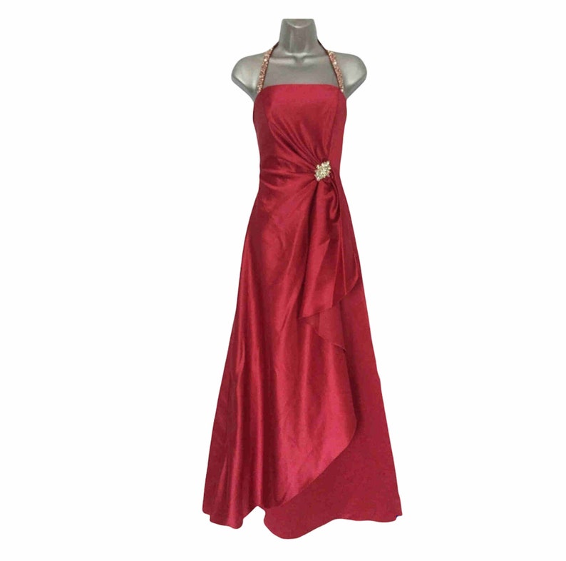 Vintage Bridal Gown Long Wedding Dress by ML ROMANCE, Deep Red Satin Detachable Halterneck AB Crystal Ruched, Size S 6/8 Vfg image 3