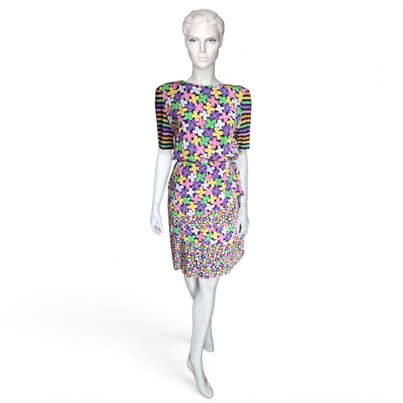Akris, 1980s Akris Switzerland Silk Dress - Floral Striped Multicoloured Graphic Print, Tiered Skirt (UK12-14) - VFG Member