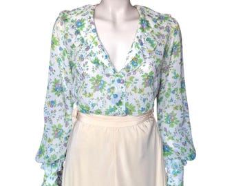 1940s Vintage Cotton Voile Middy Blouse, White Floral Sailor Collar by Edith Hart , Size S/M - VFG Member