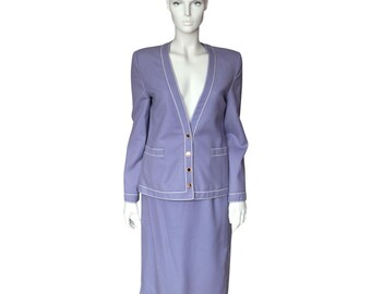 1970s Louis Feraud Paris Vintage Wool Blend Suit, Lavender Purple Skirt Jacket, Fit UK8 - VFG Member