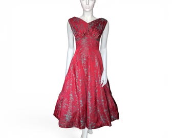 1950s Red Jacquard Evening Dress, Vintage Green Foliage Tiered Gown by Ricci Michaels, Mayfair UK 10 - VFG Member