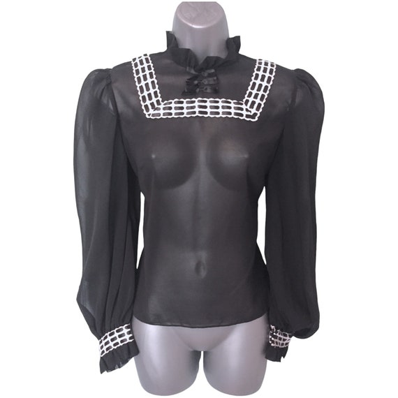 JANET COLTON Vintage 50s Blouse Top, Black Sheer … - image 1