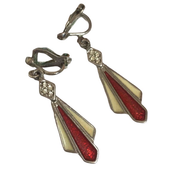 Vintage Art Deco Clip-On Earrings, Red Cream Enam… - image 5