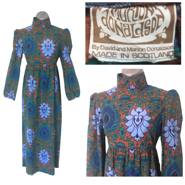 MARION DONALDSON 1960s Maxi Dress, Rare Green Blue Psychedelic Paisley Long Prairie, True Vintage Size 12 *Fits 8 S VFG