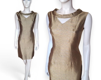 1950s/60s Metallic Gold Wiggle Dress, Shimmery True Vintage Sleeveless Keyhole Pin Up Bombshell, Size S UK8/10 VFG