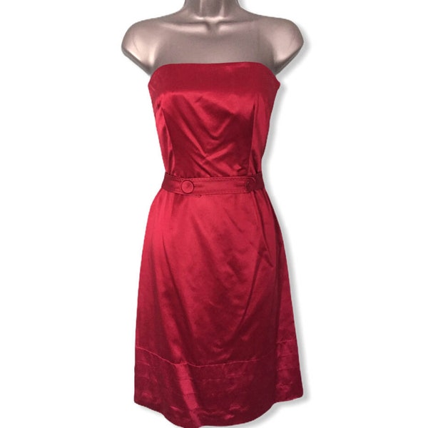 Vintage 80s/90s Wiggle Pencil Dress, Deep Red Duchess Satin Strapless Pleated Hem Retro 50s Party, Size UK 8 *Fits 6 or XS