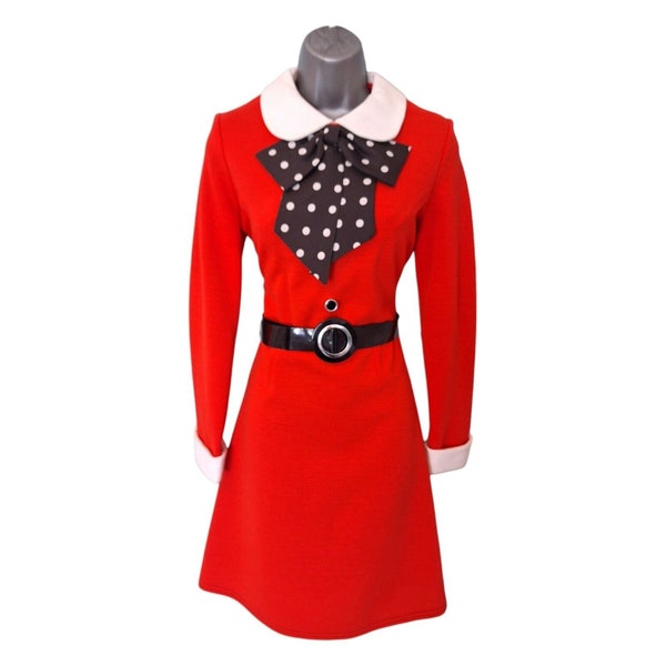 CARNEGIE Boutique 60s Mod Dress, Red A-Line Black Polka Dot Pleated Bow Vinyl Belt  White Peter Pan Collar, Size 12 *Fit 8/10 VFG