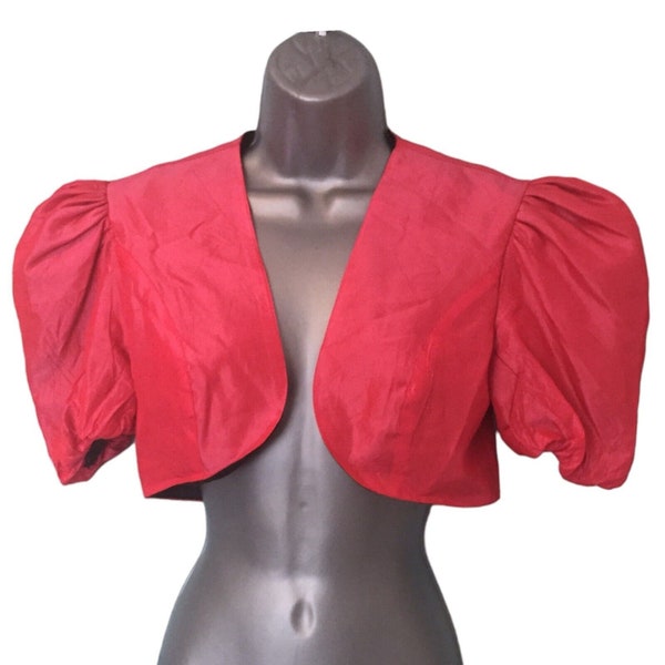 QUORUM Vintage 80s Bolero Jacket, Red Taffeta Ruched Puff Short Sleeve Open Cropped Short, Rare, Label Size UK 12 *Fits 8 VFG