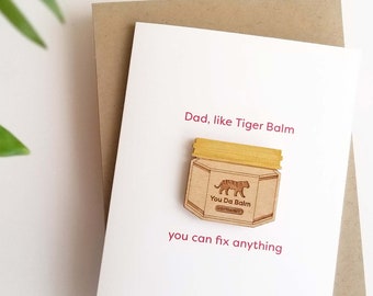 Tiger Balm card, birthday card for Asian dad/mom, custom message, Asian magnet, Father's/Mother's day card, funny, lasercut wood