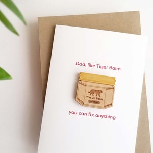 Tiger Balm card, birthday card for Asian dad/mom, custom message, Asian magnet, Father's/Mother's day card, funny, lasercut wood