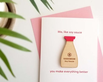 Birthday card for mom, "KikkoMOM" soy sauce magnet, custom message, Mother's Day, Asian card, foodie greeting card, funny, lasercut wood