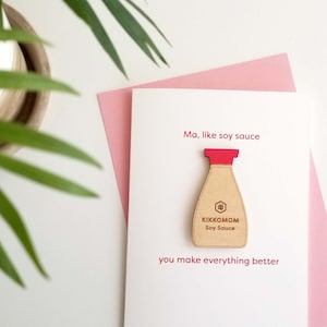 Birthday card for mom, "KikkoMOM" soy sauce magnet, custom message, Mother's Day, Asian card, foodie greeting card, funny, lasercut wood