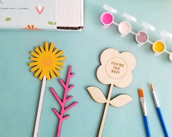 Flower paint kit, Organic Blooms, DIY, kid craft, Mother's Day gift, bridal party, baby shower, gift for her, Spring art, lasercut wood