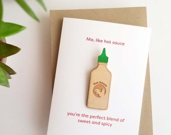 Hot Sauce card for mom or girlfriend, Sriracha magnet, custom message, Asian foodie card, birthday card, Mother's Day card, lasercut wood