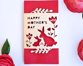 Mommy and baby rabbit card, Mother's day red envelope, Asian card for mom, personalized card for mom, flower design card, paper cut print