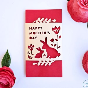 Cartão de coelho para mamãe e bebê, envelope vermelho para o dia das mães, cartão asiático para a mãe, cartão personalizado para a mãe, cartão com design de flores, impressão recortada em papel