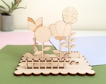 Flower garden card, "Love you a bunch", build-it-yourself, anniversary, Mother's Day, birthday, 3D model, pop-up, lasercut wood