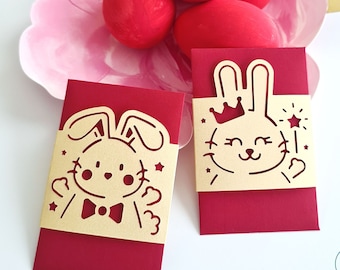 Year of the RABBIT mini red envelopes, Set of 6 small money packets, Bunny treat bags, 2023 Lunar New Year hong bao, Gold paper cut