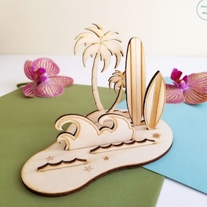 Beach birthday wood card, "Have a swell birthday", surfer birthday card, summer birthday, build-it-yourself, lasercut 3D model, pop up card