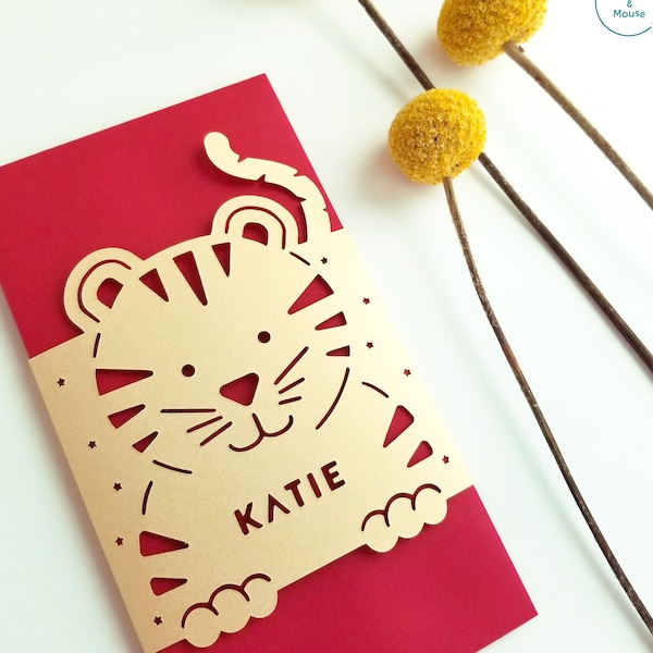 2022 Personalized red envelopes, Year of the TIGER, Lunar New Year gift, Chinese New Year, Vietnamese Tet, lucky hong bao, gold paper cut