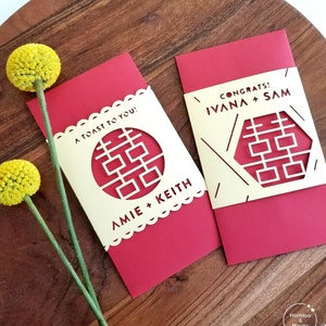 Double Happiness red envelope, personalized Asian wedding gift, Chinese newlywed card, new marriage tradition, handmade hong bao, paper cut