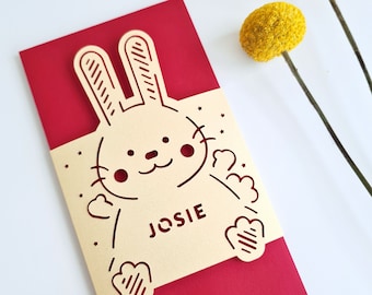 2023 Personalized Year of the Rabbit Red Envelopes, Lunar New Year gift, Chinese New Year, Vietnamese Tet, lucky hongbao, gold paper cut