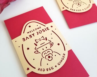 Red Egg & Ginger, Baby Ox, personalized red envelope, Year of the Ox, 2021, 100 Days, custom hong bao, handmade, paper cut