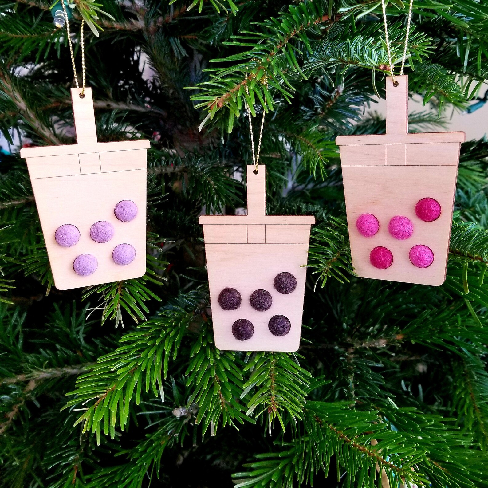 Boba Christmas ornament bubble tea lasercut wood felt pom Etsy