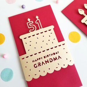 Feliz aniversário envelope vermelho personalizado, bolo de aniversário, velas de aniversário, hong bao personalizado, feito à mão, corte de papel