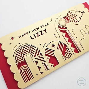 Envelope vermelho de cobra personalizado de luxo 2025, elegante pacote de dinheiro do Ano Novo Lunar, Ano Novo Chinês | Presente de Tet vietnamita, corte de papel dourado