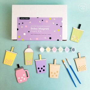 Boba Magnet paint kit, bubble tea gift, Asian magnets, boba party decor, fun stocking stuffer, lasercut wood, set of 3 milk tea cups