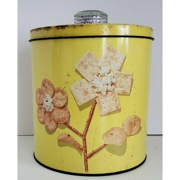 Krispy Kan Yellow Canister w/Blue Magic Dri-Nob, 1949 Crisp Food Storage Vintage