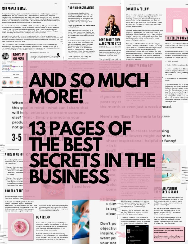 May include: A pink and white graphic with the text "And so much more!" and "13 pages of the best secrets in the business". The graphic also includes a donut, a hand holding a dollar bill, and a cupcake.
