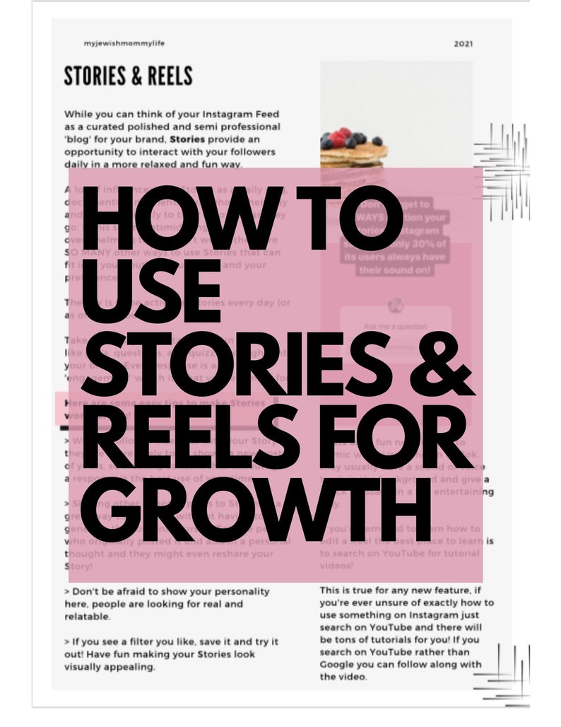May include: A pink and white graphic with the text "How to Use Stories & Reels for Growth" in black bold letters. The graphic also includes the text "Don't be afraid to show your personality here, people are looking for real and relatable." and "If you see a filter you like, save it and try it out! Have fun making your Stories look visually appealing."
