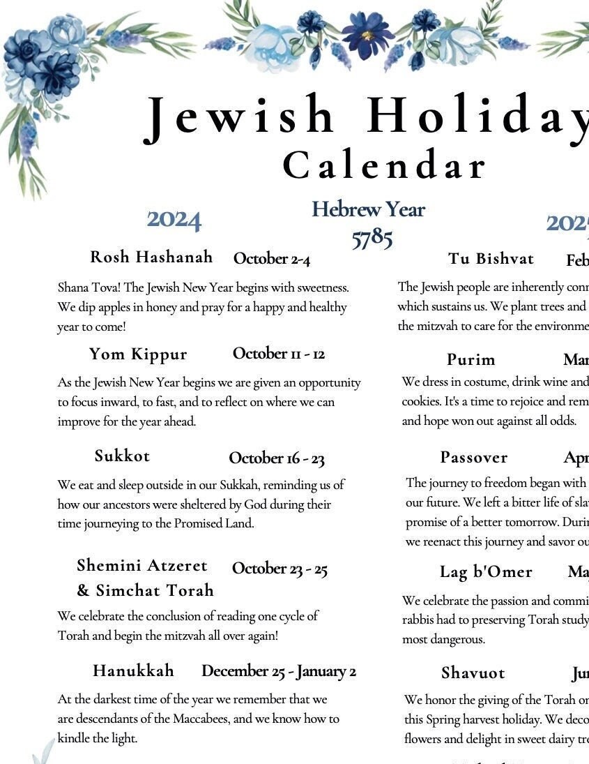 2024-2025 new jewish holiday calendar hebrew calendar 5785 rosh hashanah  hanukkah - etsy