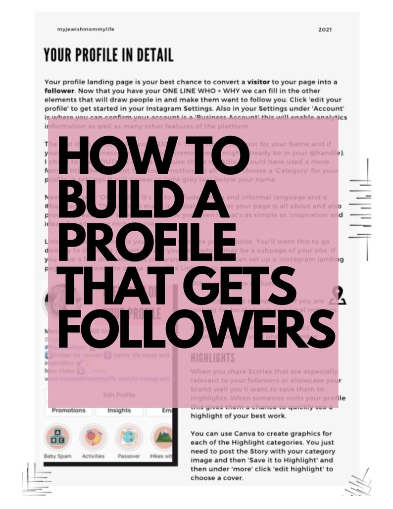 May include: A pink and white graphic with the text "How to Build a Profile That Gets Followers" in black bold letters. The graphic includes tips for building a successful Instagram profile, including using a strong bio, creating engaging content, and using Instagram's features to your advantage.