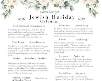 2026 / 2027  *NEW* Jewish Holiday Calendar | Hebrew Calendar 5787 | Hanukkah Rosh Hashanah