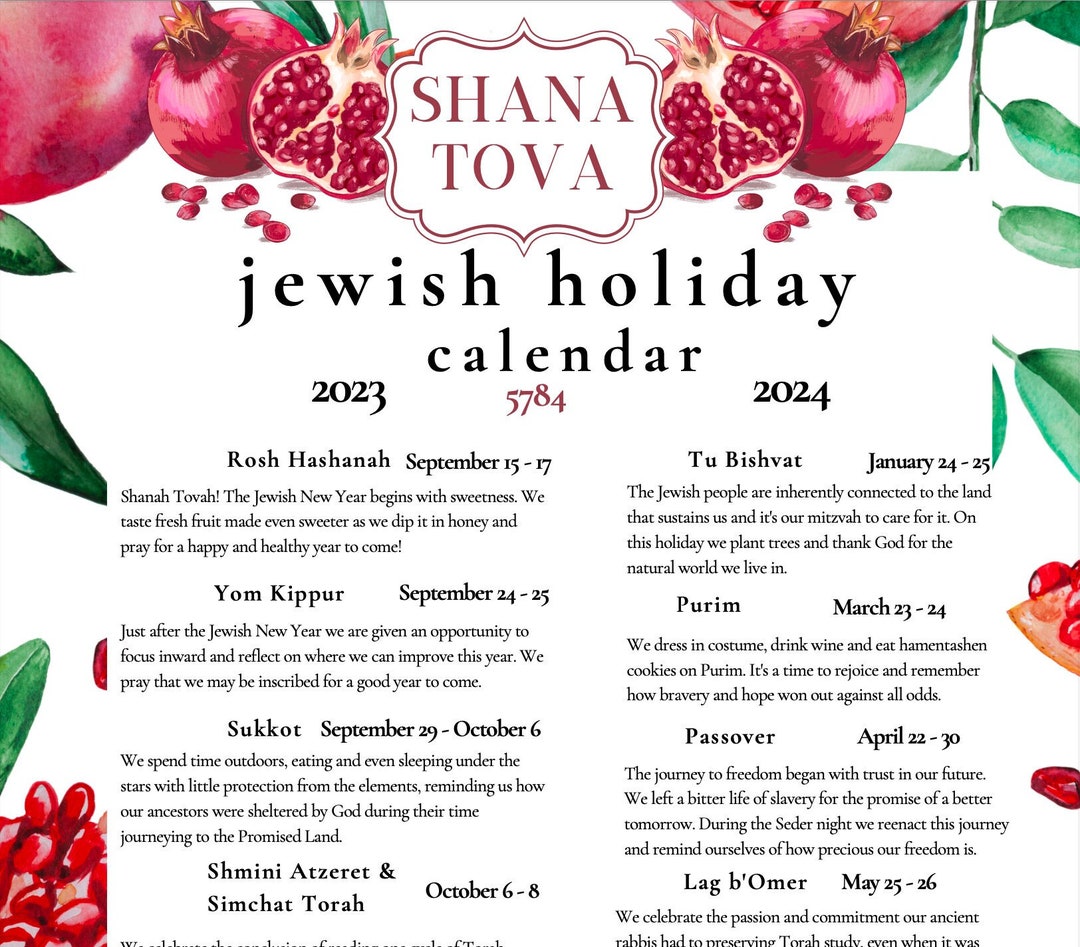 NEW 2023 2024 Jewish Holiday Calendar Hebrew Calendar 5784 - Etsy