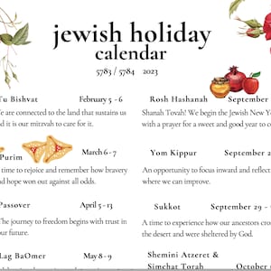 Jewish Holiday Calendar 2023 Hebrew Calendar 5783 5784 - Etsy