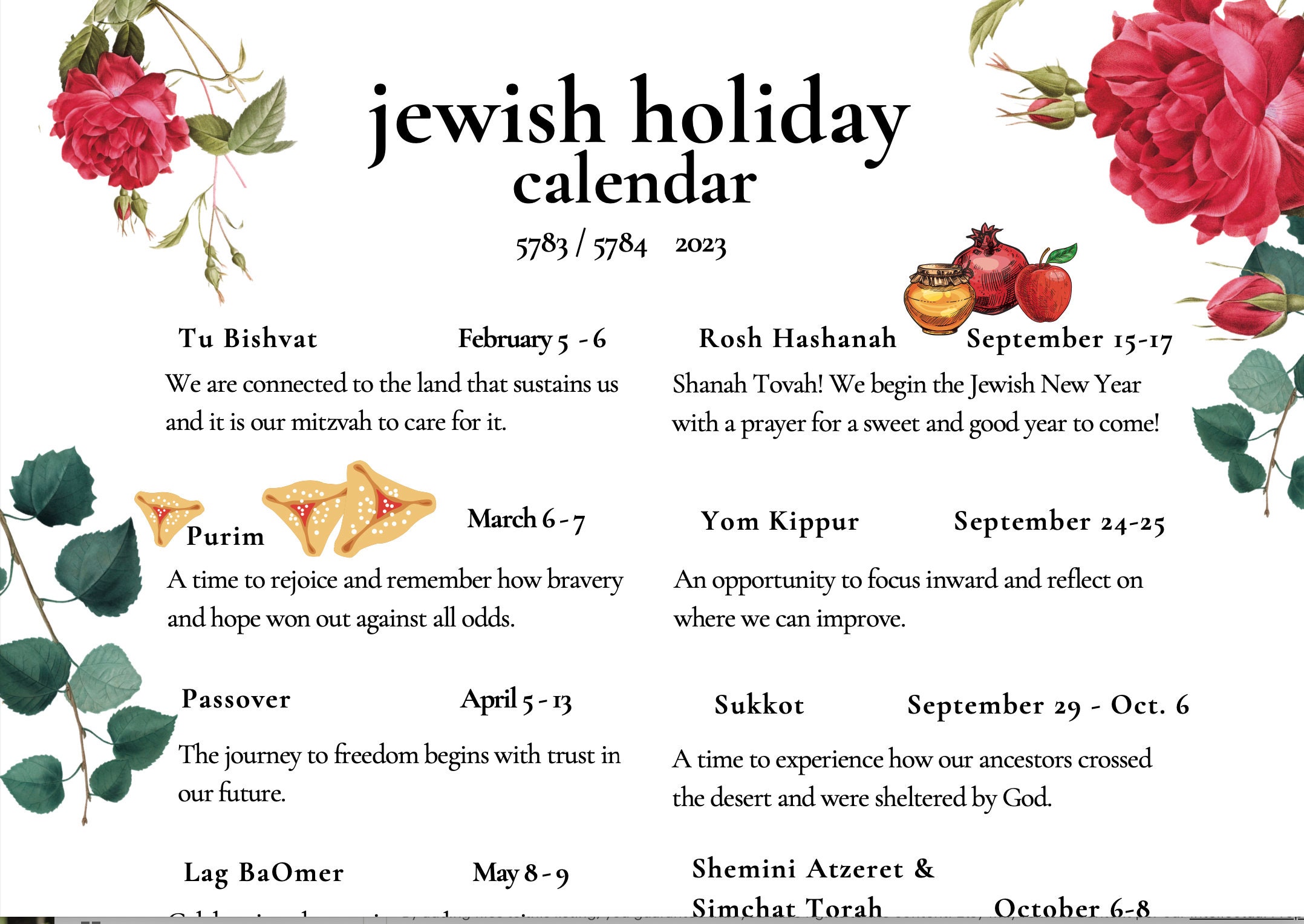 Jewish Holiday Calendar 2023 Hebrew Calendar 5783 5784 - Etsy UK