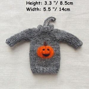 May include: A gray knitted sweater with a felt pumpkin appliqu&eacute;. The pumpkin is orange with a black stem and a smiling face. The sweater measures 3.3 inches tall and 5.5 inches wide.