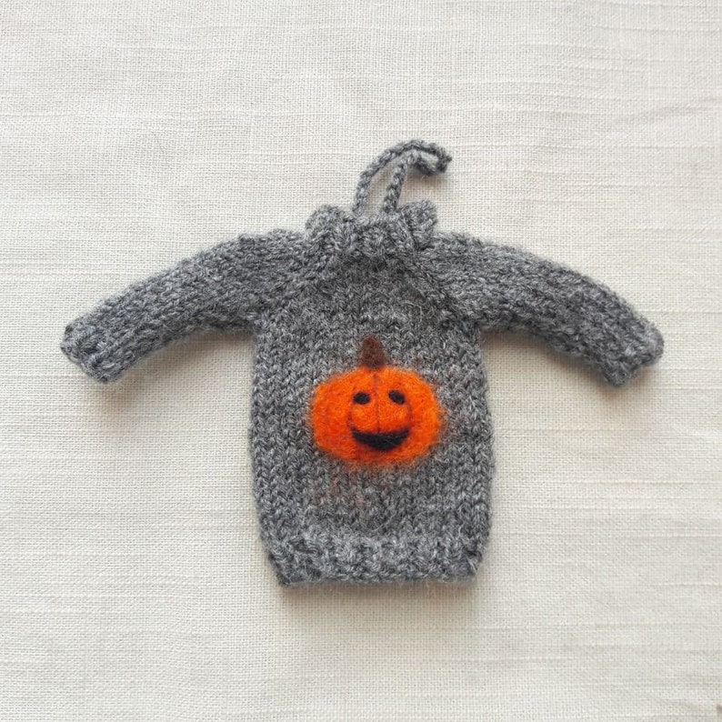 May include: A gray knitted sweater with a felt pumpkin appliqu&eacute; on the front. The pumpkin is orange with a green stem and a smiling face.