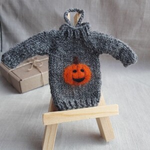 May include: A small gray knitted sweater with a felt pumpkin appliqu&eacute; on the front. The pumpkin is orange with a black stem and a smiling face.