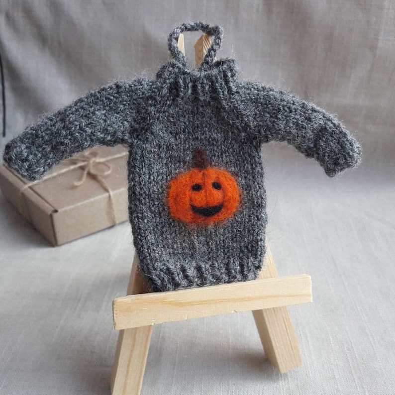 May include: A small gray knitted sweater with a felt pumpkin appliqu&eacute; on the front. The pumpkin is orange with a black stem and a smiling face.